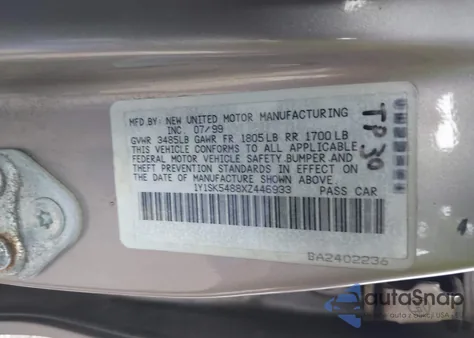 1999 Chevrolet Prizm Lsi from USA, damaged, VIN 1Y1SK5488XZ446933